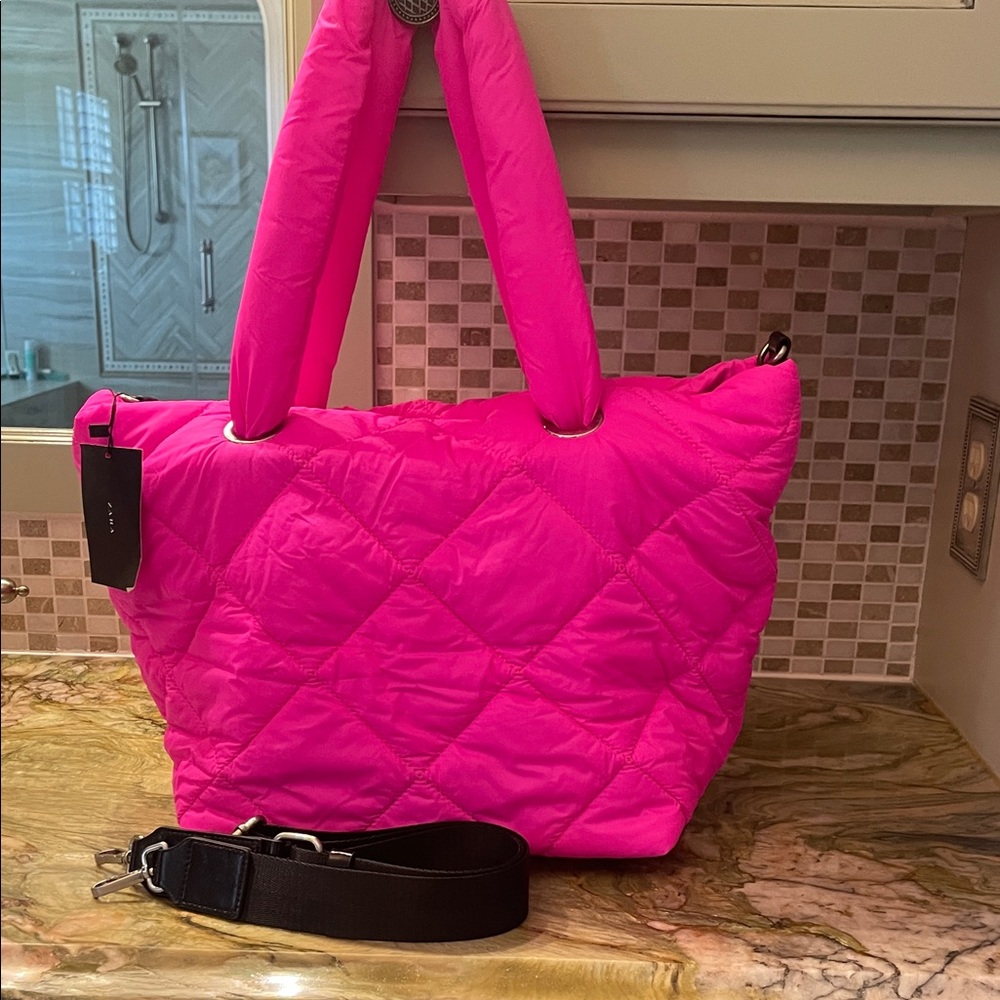 Zara Neon Pink Puffy Quilted Nylon Tote NWT